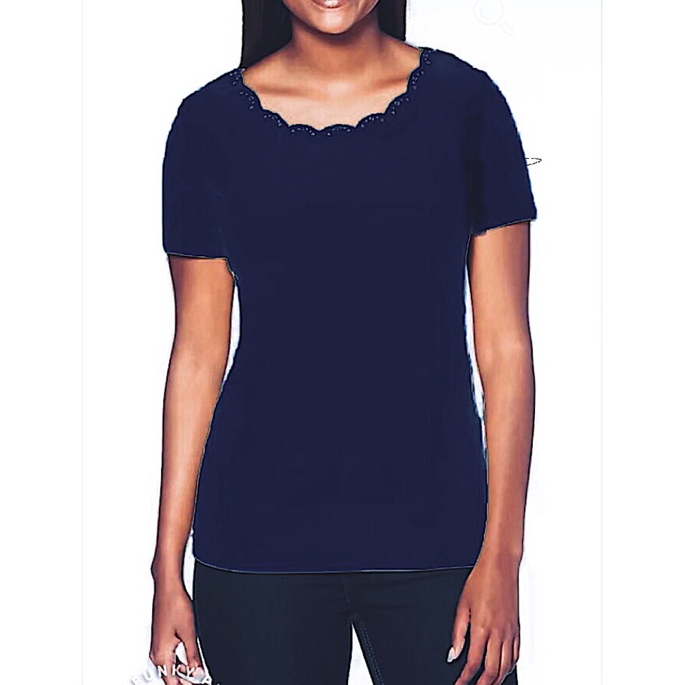 Rafaella navy blue scallop neck embellished short sleeve top